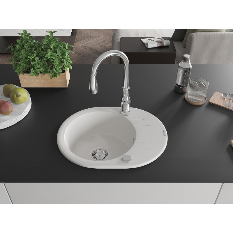 Mexen Kevin fregadero de granito de 1 cubeta con escurridor y grifo de cocina Savita, blanco - 6517-20-672601-00