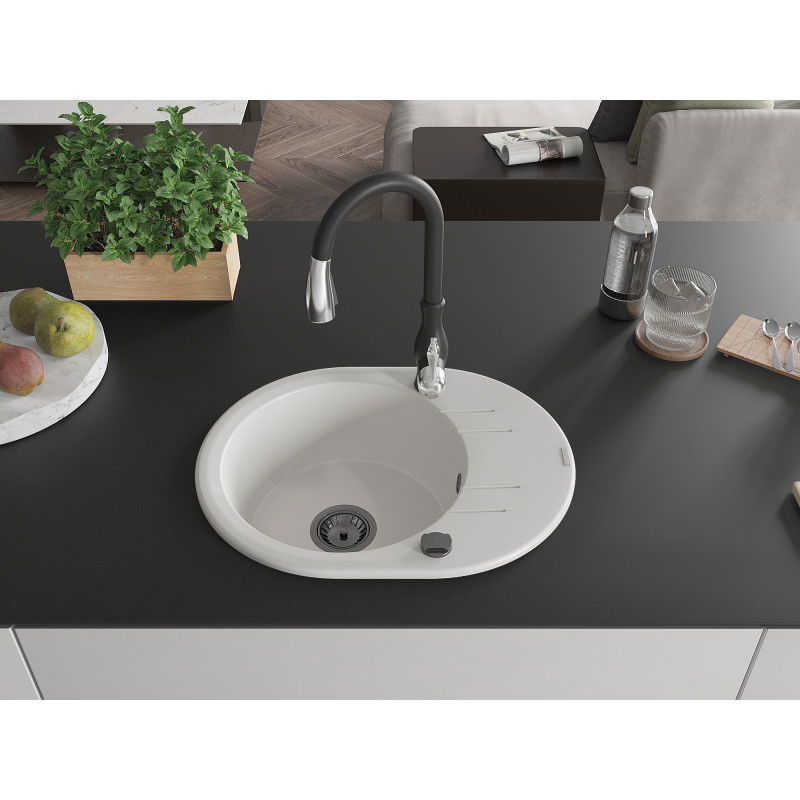 Mexen Kevin 1-bowl granite sink with drainer and Savita kitchen tap, white - 6517-20-672601-70