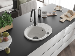 Mexen Kevin 1-bowl granite sink with drainer and Savita kitchen tap, white - 6517-20-672601-70