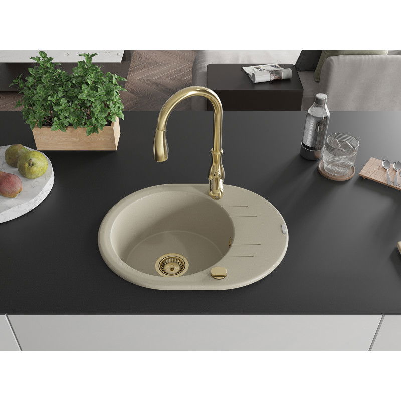Mexen Kevin granite single-bowl sink with drainer and Savita kitchen tap, beige - 6517-69-672601-50