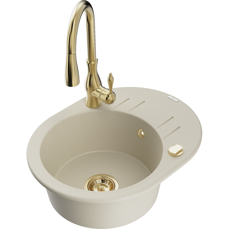 Mexen Kevin lavatório de granito 1-cuba com escorredor e torneira de cozinha Savita, bege - 6517-69-672601-50