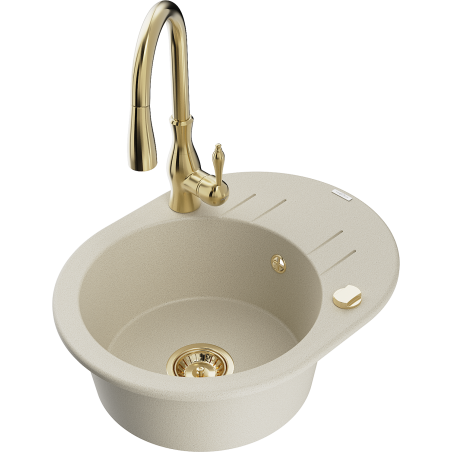 Mexen Kevin fregadero de granito de 1 cubeta con escurridor y grifo de cocina Savita, beige - 6517-69-672601-50