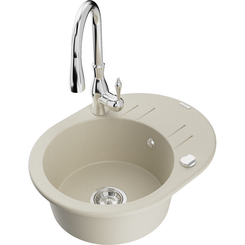 Mexen Kevin lava-louça de granito de 1 bacia com escorredor e torneira de cozinha Savita, bege - 6517-69-672601-00