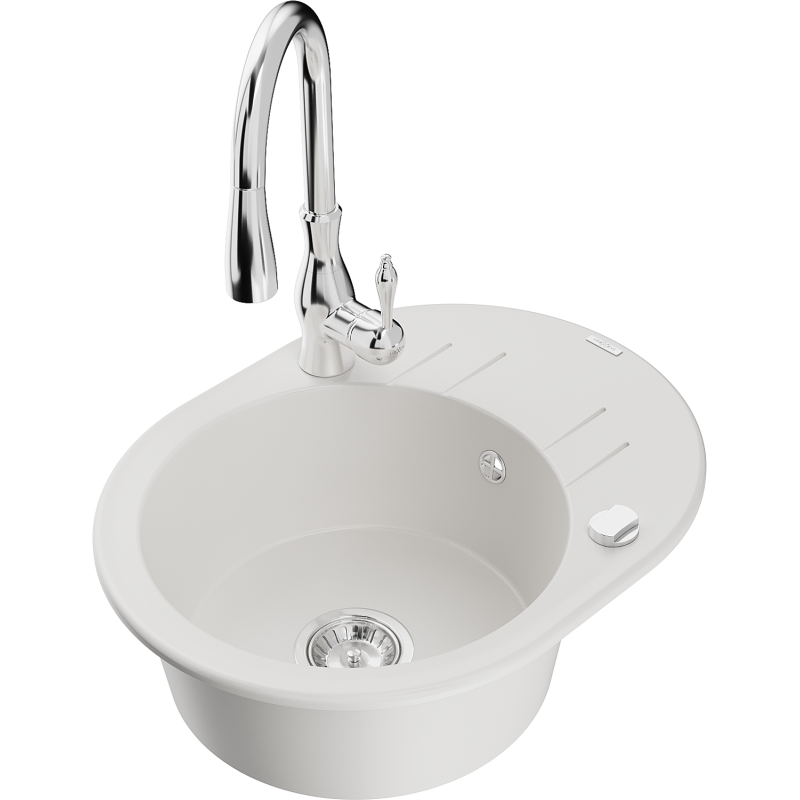 Mexen Kevin granitdiskbänk med 1 ho, avrinningsyta och köksblandare Savita, vit - 6517-20-672601-00