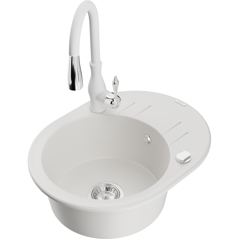 Mexen Kevin lavello in granito a 1 vasca con sgocciolatoio e rubinetto cucina Savita, bianco - 6517-20-672601-20