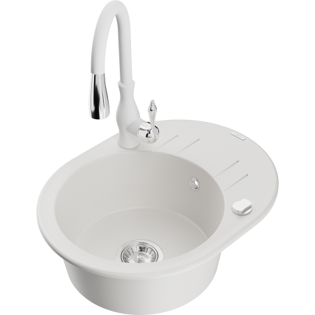 Mexen Kevin fregadero de granito de 1 seno con escurridor y grifo de cocina Savita, blanco - 6517-20-672601-20