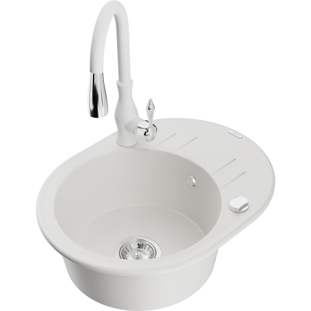 Mexen Kevin lavello in granito a 1 vasca con sgocciolatoio e rubinetto cucina Savita, bianco - 6517-20-672601-20