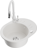 Mexen Kevin single-bowl granite sink with drainer and Savita kitchen faucet, white - 6517-20-672601-20