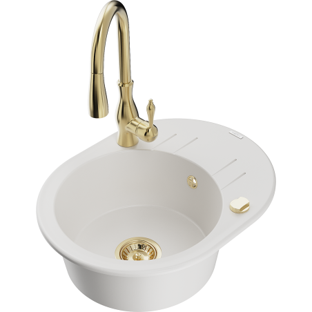 Mexen Kevin fregadero de granito de 1 seno con escurridor y grifo de cocina Savita, blanco - 6517-20-672601-50