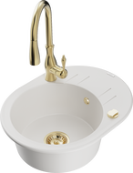Mexen Kevin 1-bowl granite sink with drainer and Savita kitchen tap, white - 6517-20-672601-50