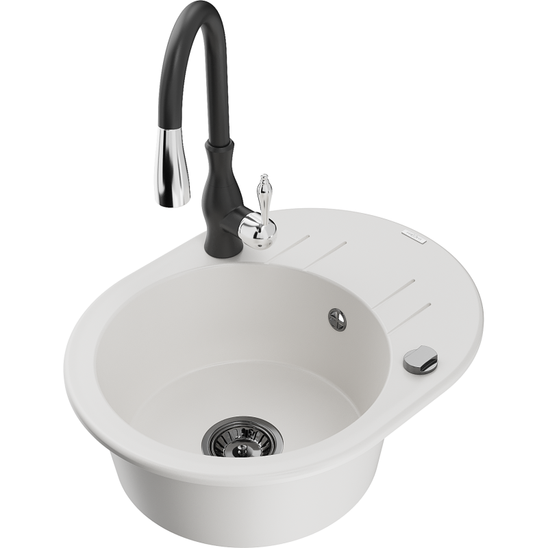 Mexen Kevin 1-bowl granite sink with drainer and Savita kitchen tap, white - 6517-20-672601-70