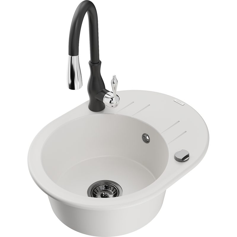 Mexen Kevin fregadero de granito de 1 cubeta con escurridor y grifo de cocina Savita, blanco - 6517-20-672601-70