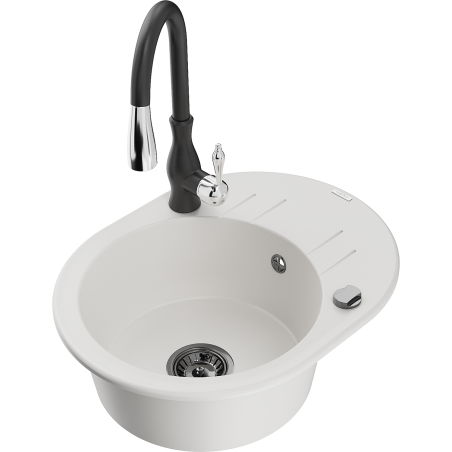 Mexen Kevin fregadero de granito de 1 seno con escurridor y grifo de cocina Savita, blanco - 6517-20-672601-70