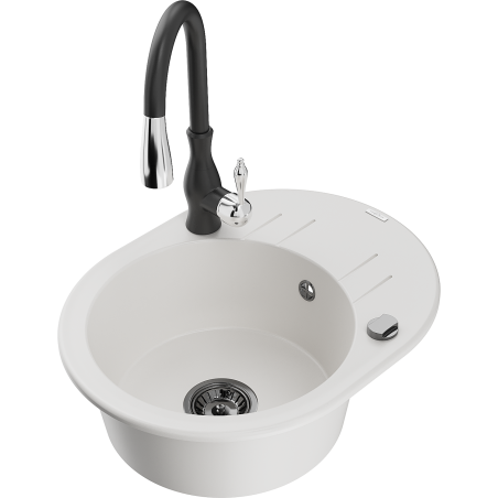 Mexen Kevin granite 1-bowl sink with drainer and Savita kitchen faucet, white - 6517-20-672601-70