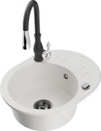 Mexen Kevin 1-bowl granite sink with drainer and Savita kitchen tap, white - 6517-20-672601-70