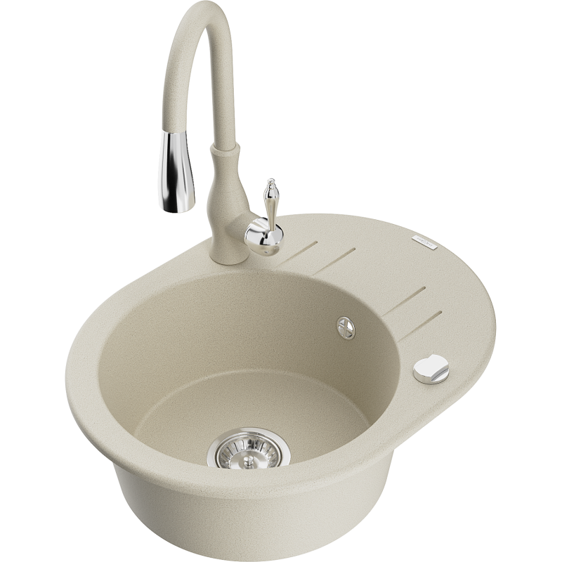 Mexen Kevin granitdiskbänk 1-fack med avrinningsbräda och köksblandare Savita, beige - 6517-69-672601-69