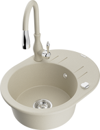 Mexen Kevin granite sink single bowl with drainer and Savita kitchen tap, beige - 6517-69-672601-69