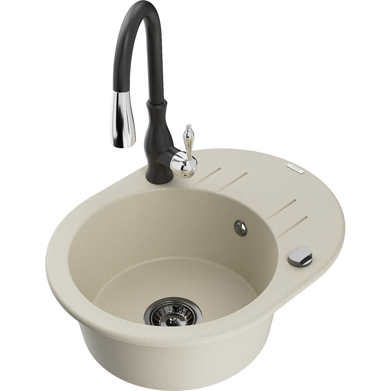 Mexen Kevin fregadero de granito de 1 cubeta con escurridor y grifo de cocina Savita, beige - 6517-69-672601-70