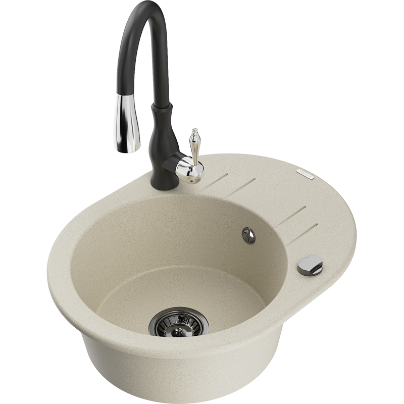 Mexen Kevin granitdiskbänk med en ho med avrinningsyta och köksblandare Savita, beige - 6517-69-672601-70