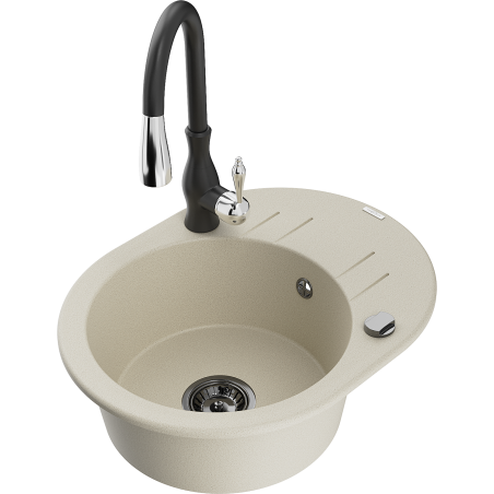 Mexen Kevin 1-bowl granite sink with drainer and Savita kitchen tap, beige - 6517-69-672601-70