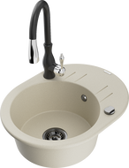 Mexen Kevin 1-bowl granite sink with drainer and Savita kitchen tap, beige - 6517-69-672601-70