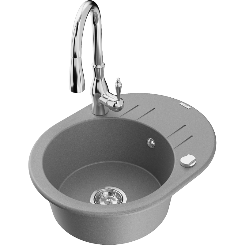 Mexen Kevin 1-bowl granite sink with drainer and Savita kitchen tap, grey - 6517-71-672601-00