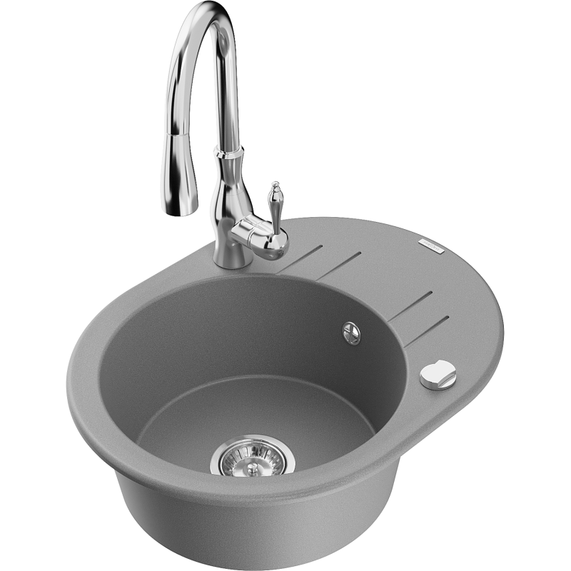 Mexen Kevin fregadero de granito de 1 cámara con escurridor y grifo de cocina Savita, gris - 6517-71-672601-00