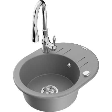 Mexen Kevin granite kitchen sink 1-bowl with drainer and Savita kitchen faucet, gray - 6517-71-672601-00