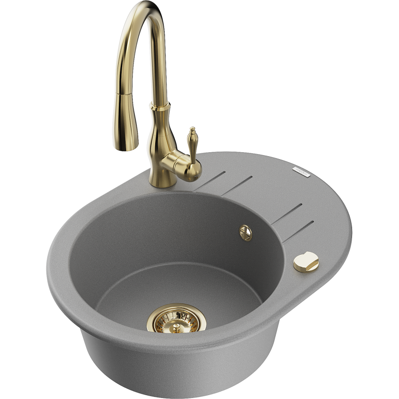 Mexen Kevin fregadero de granito de 1 cubeta con escurridor y grifo de cocina Savita, gris - 6517-71-672601-50