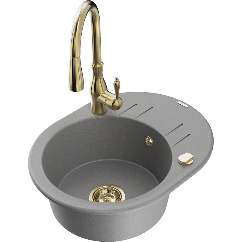 Mexen Kevin granieten gootsteen 1-kompartement met afdruiprek en keukenkraan Savita, grijs - 6517-71-672601-50