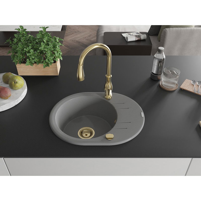 Mexen Kevin 1-bowl granite sink with drainer and Savita kitchen tap, grey - 6517-71-672601-50
