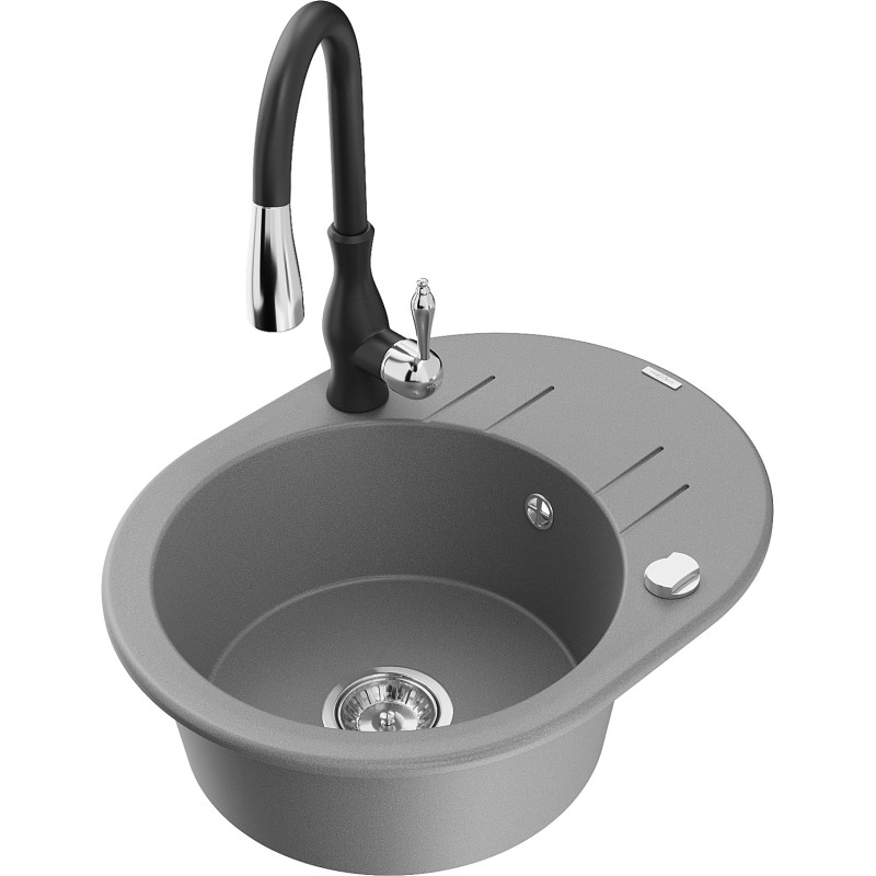 Mexen Kevin fregadero de granito de 1 seno con escurridor y grifo de cocina Savita, gris - 6517-71-672601-70