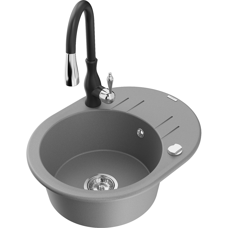 Mexen Kevin granitdiskbänk med en ho, avtappningsyta och kökskran Savita, grå - 6517-71-672601-70