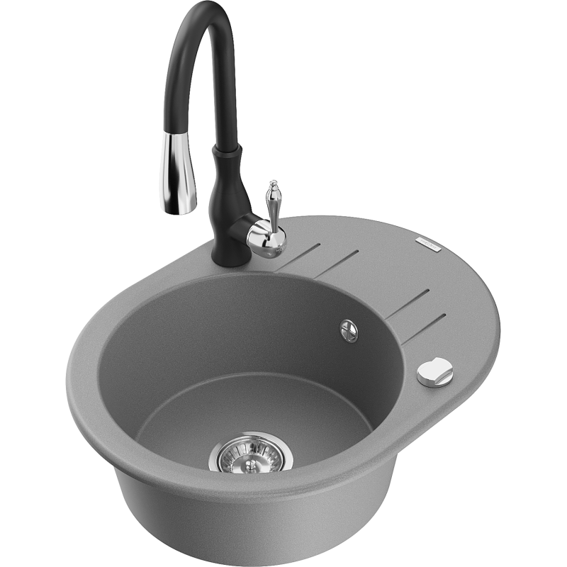 Mexen Kevin granite sink single-bowl with drainer and Savita kitchen tap, grey - 6517-71-672601-70