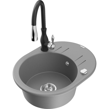 Mexen Kevin granite sink single-bowl with drainer and Savita kitchen tap, grey - 6517-71-672601-70