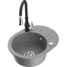 Mexen Kevin granite sink single-bowl with drainer and Savita kitchen tap, grey - 6517-71-672601-70