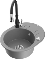 Mexen Kevin granite sink single-bowl with drainer and Savita kitchen tap, grey - 6517-71-672601-70