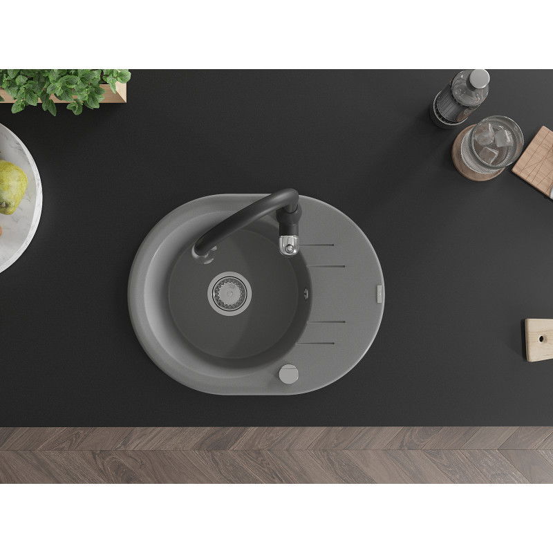 Mexen Kevin fregadero de granito 1-camara con escurridor y grifo de cocina Savita, gris - 6517-71-672601-70