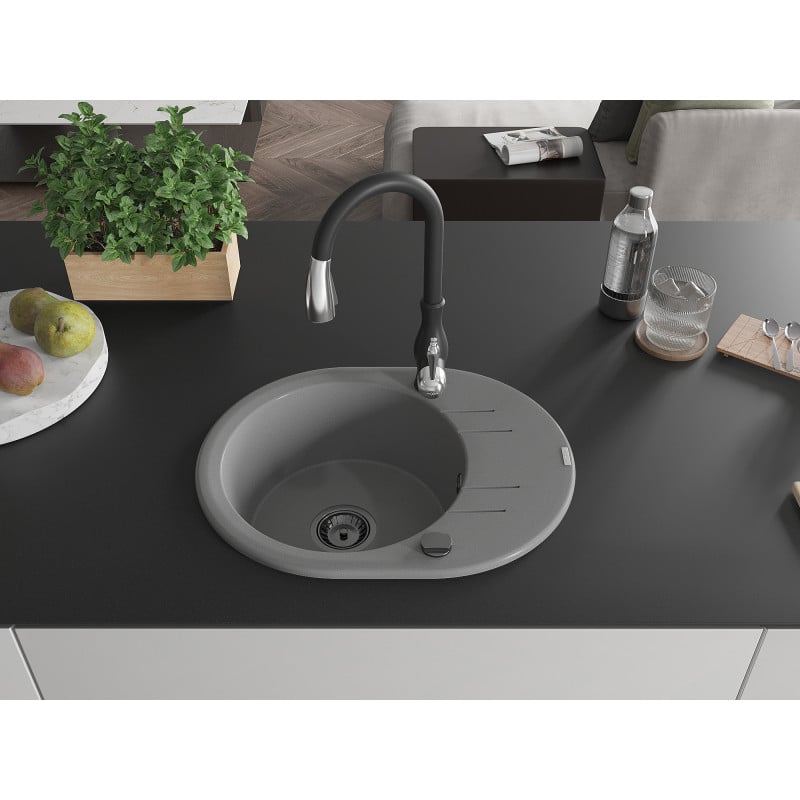 Mexen Kevin évier en granit 1 bac avec égouttoir et robinet de cuisine Savita, gris - 6517-71-672601-70-B