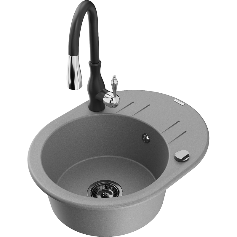 Mexen Kevin fregadero de granito de 1 cubeta con escurridor y grifo de cocina Savita, gris - 6517-71-672601-70-B
