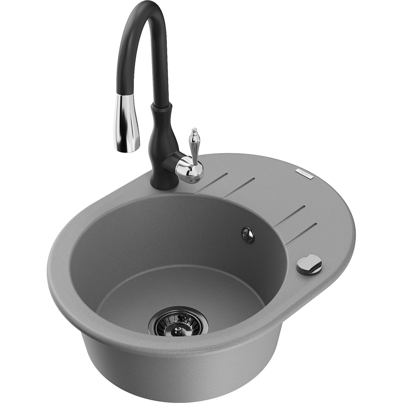 Mexen Kevin lava-loiça de granito de 1 cuba com escorredor e torneira de cozinha Savita, cinza - 6517-71-672601-70-B