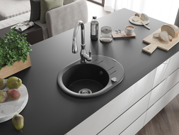 Mexen Kevin single-bowl granite sink with drainer and Savita kitchen tap, black/silver metallic - 6517-73-672601-00