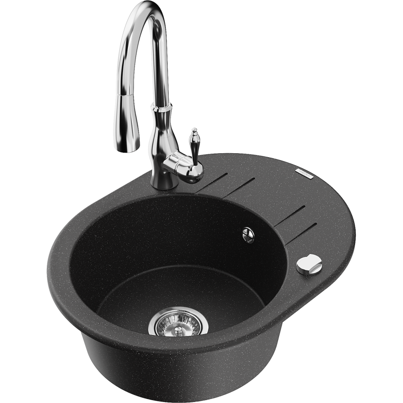 Mexen Kevin fregadero de granito de 1 cubeta con escurridor y grifo de cocina Savita, negro/plata metálico - 6517-73-672601-00