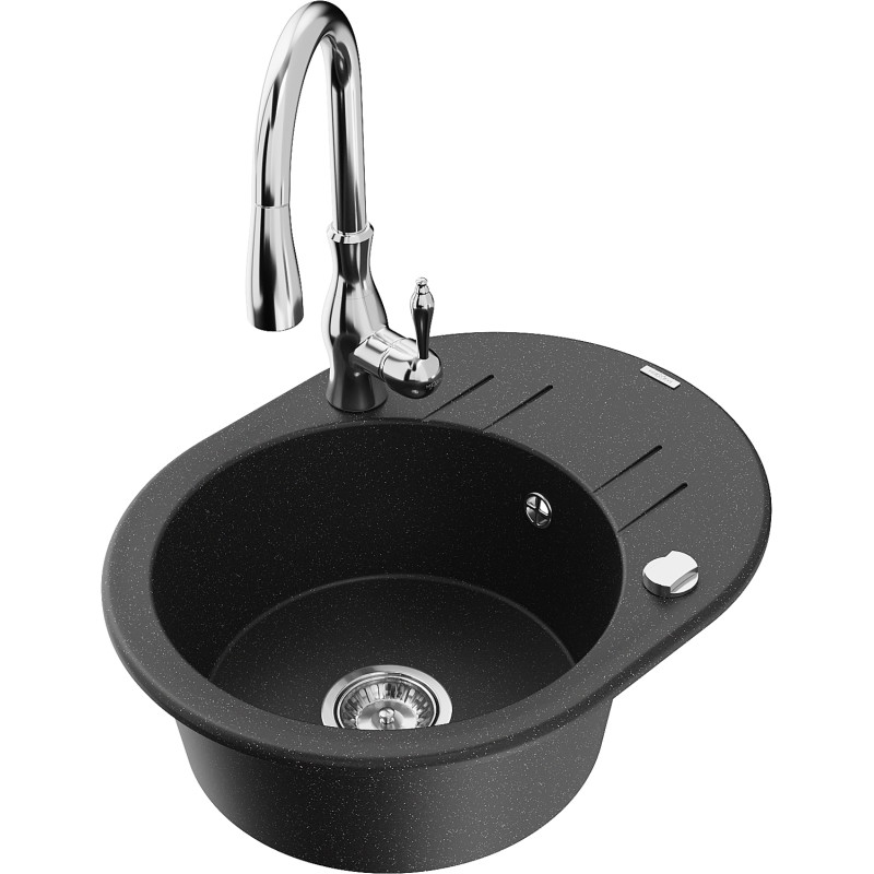 Mexen Kevin Granitspüle 1-becken mit Abtropffläche und Küchenarmatur Savita, schwarz/silber metallic - 6517-73-672601-00