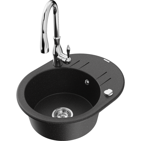 Mexen Kevin granieten spoelbak 1-baks met afdruiprek en keukenmengkraan Savita, zwart/zilver metallic - 6517-73-672601-00