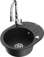 Mexen Kevin single-bowl granite sink with drainer and Savita kitchen tap, black/silver metallic - 6517-73-672601-00