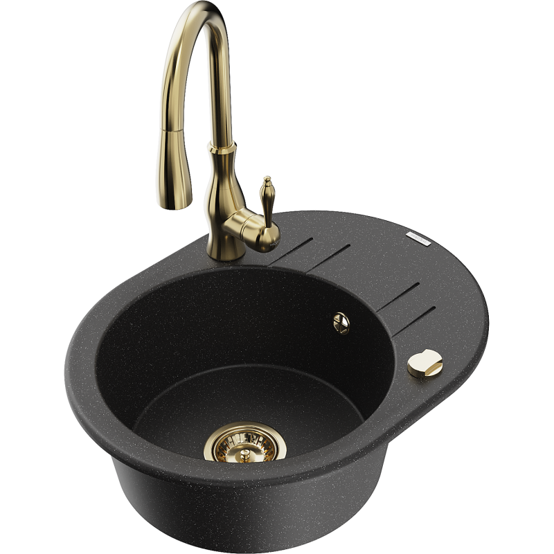 Mexen Kevin granīta izlietne ar vienu nodalījumu, ar notecinātāju un virtuves jaucējkrāni Savita, melna/sudraba metālika