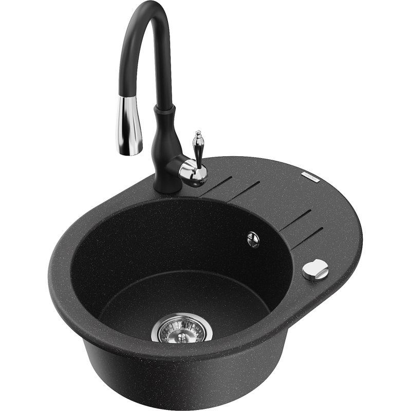 Mexen Kevin granite sink 1-bowl with drainer and Savita kitchen tap, black/silver metallic - 6517-73-672601-70