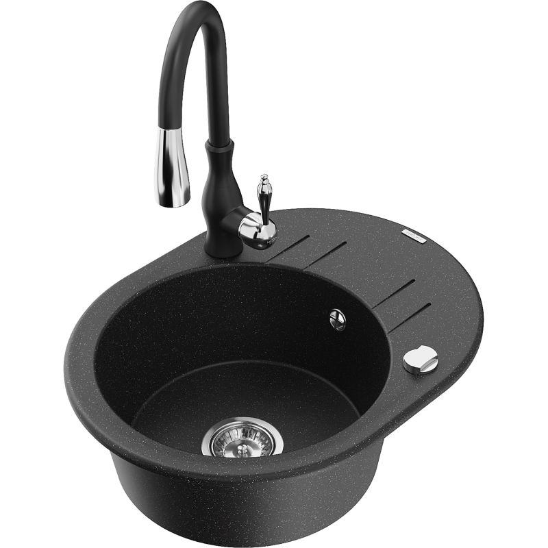 Mexen Kevin lava-louça de granito 1-cuba com escorredor e torneira de cozinha Savita, preto/metálico prateado