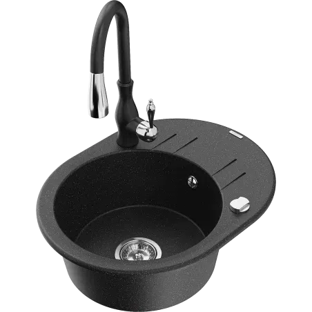 Mexen Kevin évier en granit 1 bac avec égouttoir et robinet de cuisine Savita, noir/métallisé argent - 6517-73-672601-70